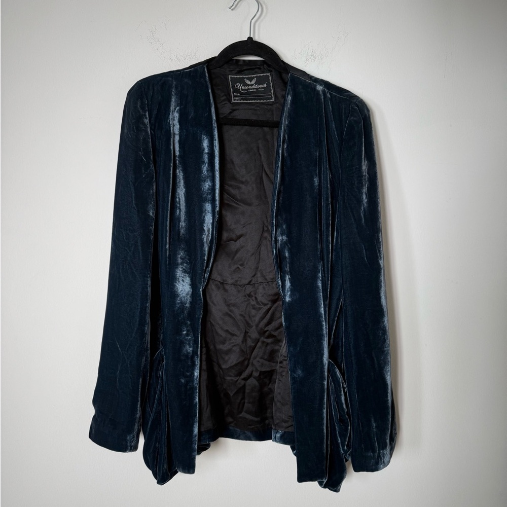 Unconditional London Silk Velvet Midnight Blue Slouchy Pocket Open Front Jacket